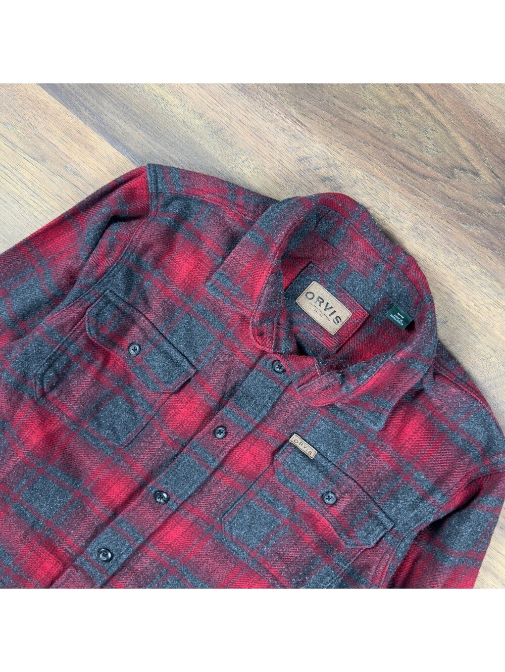 Orvis Red Gray Plaid Flannel Button Down Shirt Mens M Cabin
